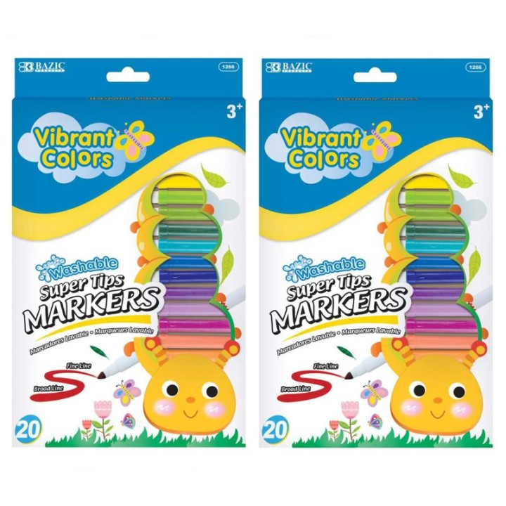 BAZIC Products® Super Tip Washable Markers, Fine Line, 20 Colors Per Pack, Pack of 2