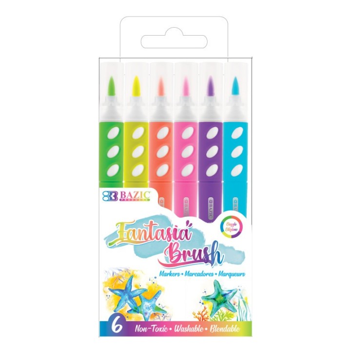 BAZIC Products® Brush Markers, 6 Fluorescent Colors