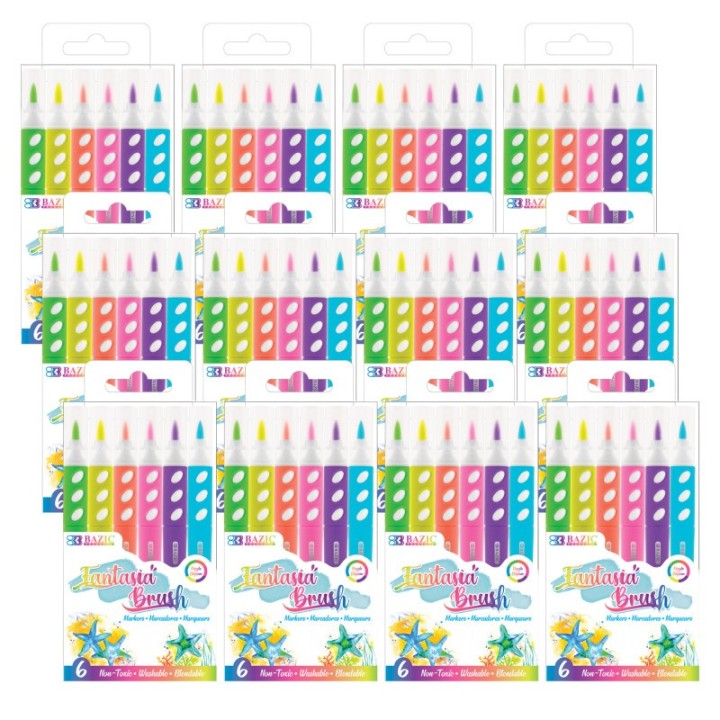 BAZIC Products® Brush Markers, Fluorescent Colors, 6 Per Pack, 12 Packs