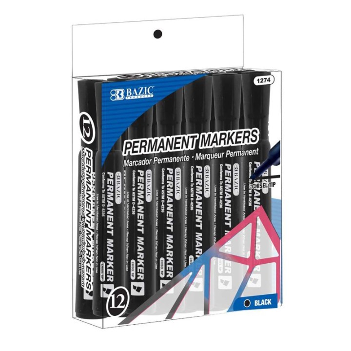 BAZIC Products® Permanent Markers, Desk Style, Chisel Tip, Black, Box of 12