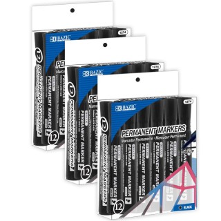 BAZIC Products® Permanent Markers, Desk Style, Chisel Tip, Black, 12 Per Box, 3 Boxes