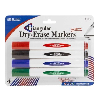 BAZIC Products® Triangle Dry-Erase Markers, Chisel Tip, Assorted Colors, Pack of 4