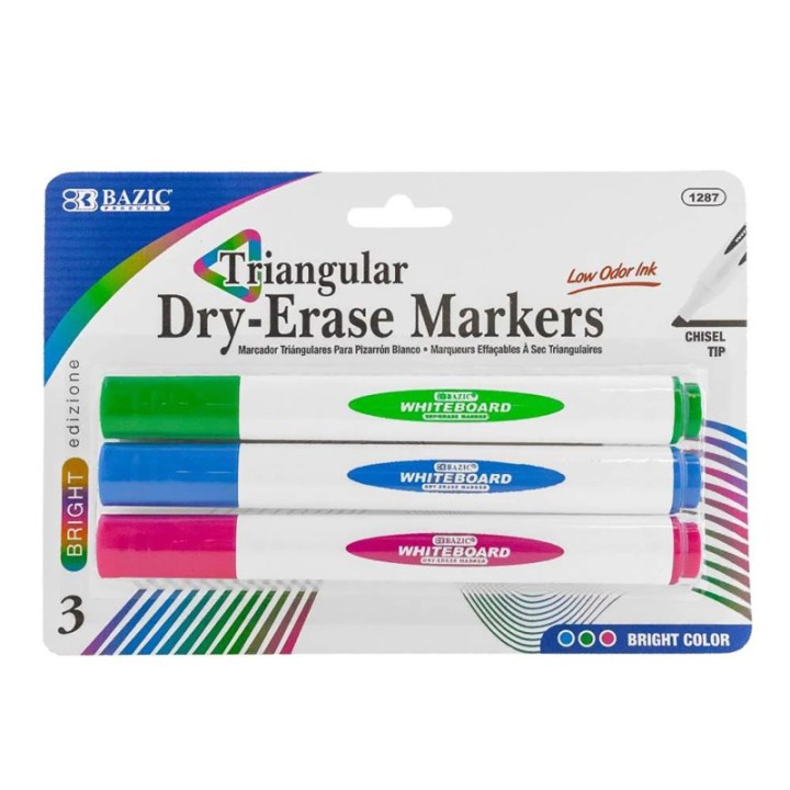 BAZIC Products® Triangle Dry-Erase Markers, Chisel Tip, Bright Colors, Pack of 3