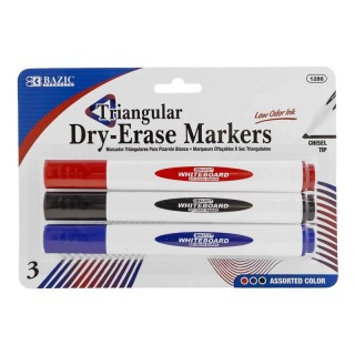 BAZIC Products® Triangle Dry-Erase Markers, Chisel Tip, Assorted Colors, Pack of 3