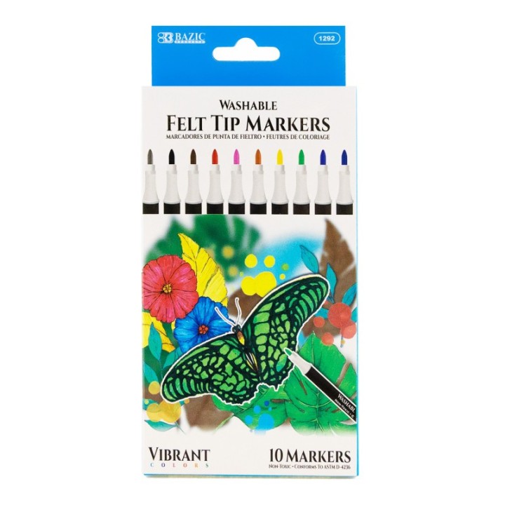 BAZIC Products® Felt Tip Washable Markers, 10 Colors