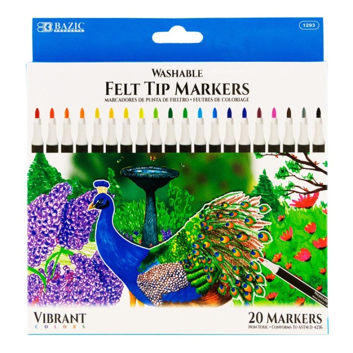 BAZIC Products® Felt Tip Washable Markers, 20 Colors