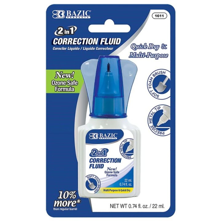 BAZIC Products® 2 in 1 Correction Fluid with Foam Brush Applicator & Pen Tip, 0.74 FL OZ (22 mL)