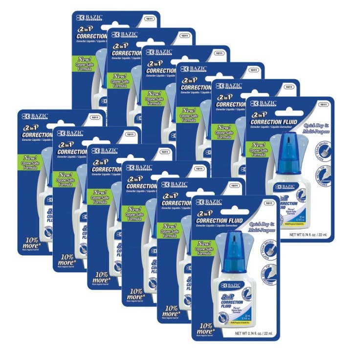 BAZIC Products® 2 in 1 Correction Fluid with Foam Brush Applicator & Pen Tip, 0.74 FL OZ (22 mL), Pack of 12