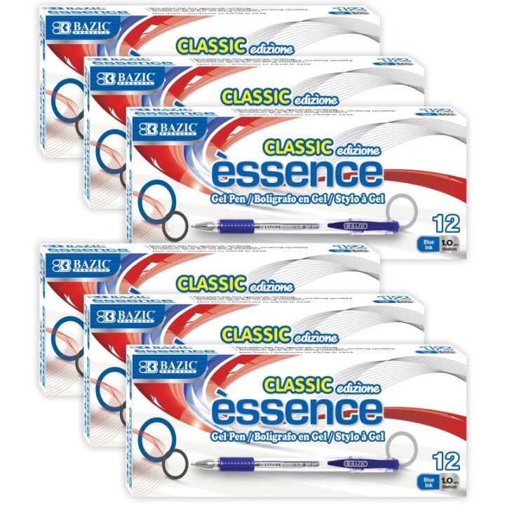 BAZIC Products® Essence Gel Pen with Cushion Grip, Blue, 12 Per Box, 6 Boxes