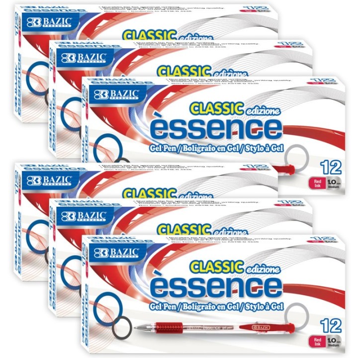 BAZIC Products® Essence Gel Pen with Cushion Grip, Red, 12 Per Box, 6 Boxes