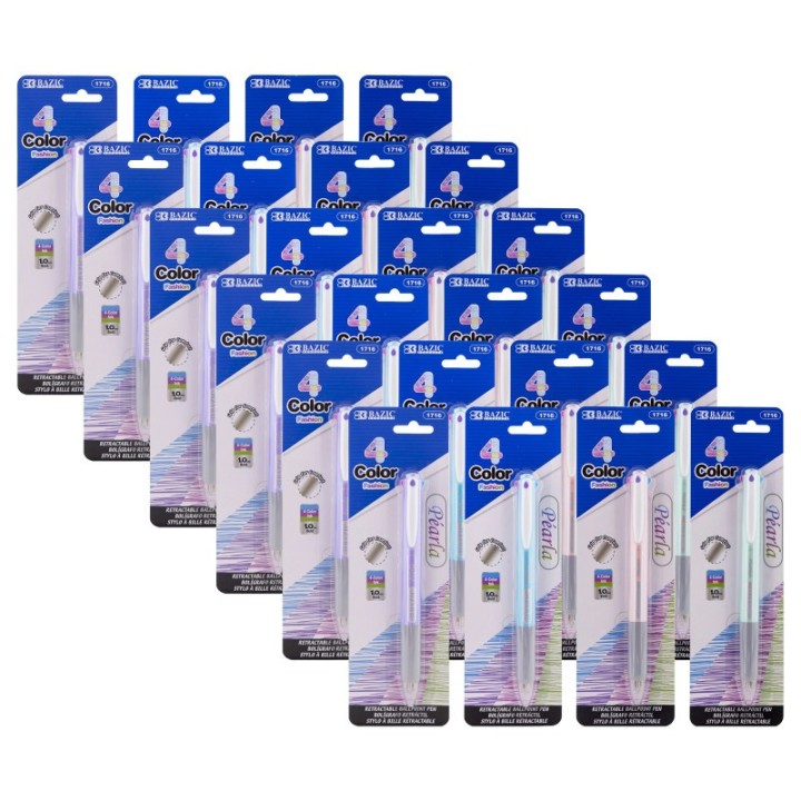 BAZIC Products® 4-Color Fashion Pen with Cushion Grip, Assorted Barrel Color, Pack of 24