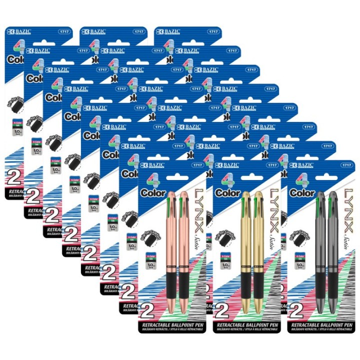 BAZIC Products® Lynx Satin Top 4-Color Pen with Cushion Grip, 2 Per Pack, 24 Packs