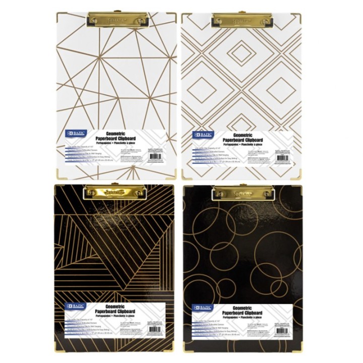 BAZIC Products® Paperboard Clipboard with Gold Low Profile Clip, Assorted Geometric Designs (No Design Choice), 12.9" x 9"