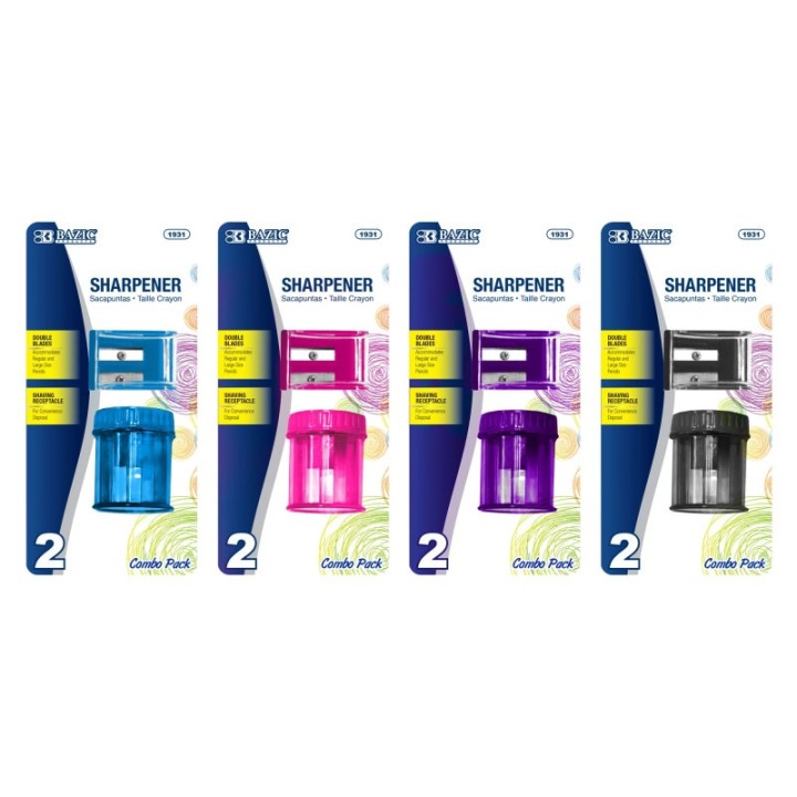 BAZIC Products® Dual Blade Square Sharpener with Receptacle & Round Receptacle Sharpener, Assorted Colors