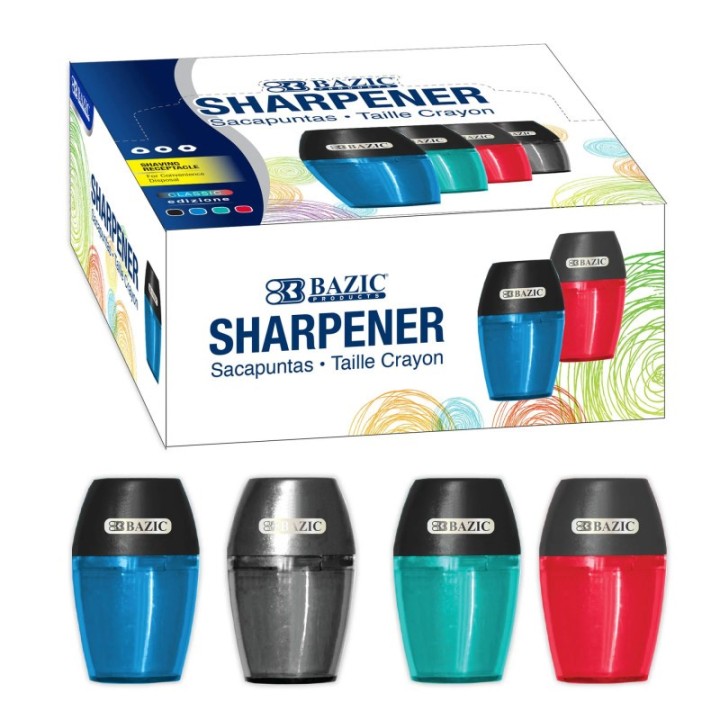BAZIC Products® Axel Pencil Sharpener with Receptacle, Assorted Colors, 1 Count, Pack of 24