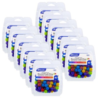 BAZIC Products® Round Push Pins, Assorted Color, 80 Per Pack, 12 Packs