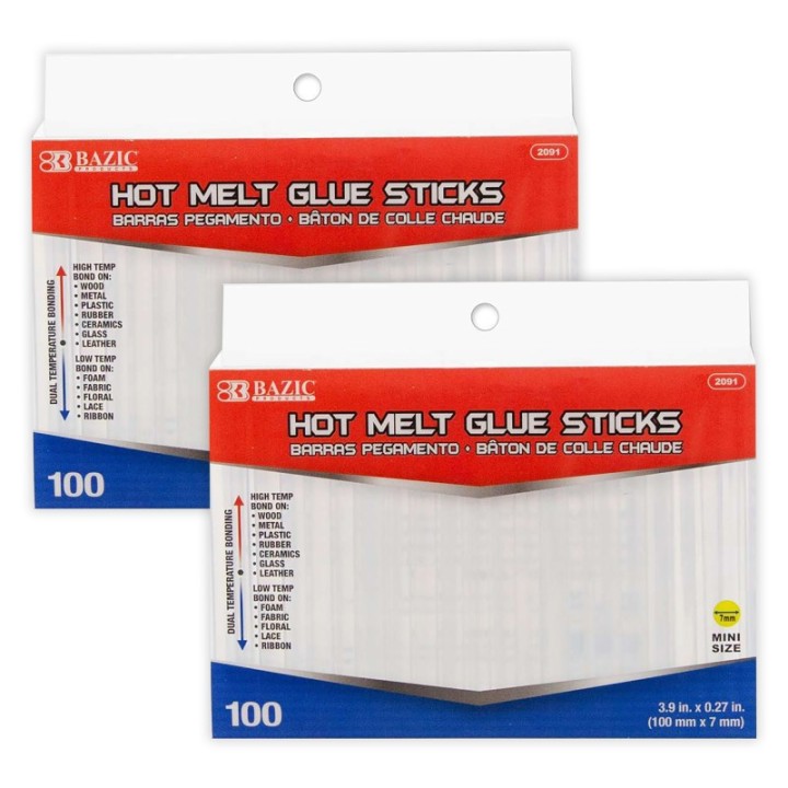 BAZIC Products® Mini Hot Melt Glue Sticks, Dual Temp, 3.9" x 0.27", 100 Per Box, 2 Boxes