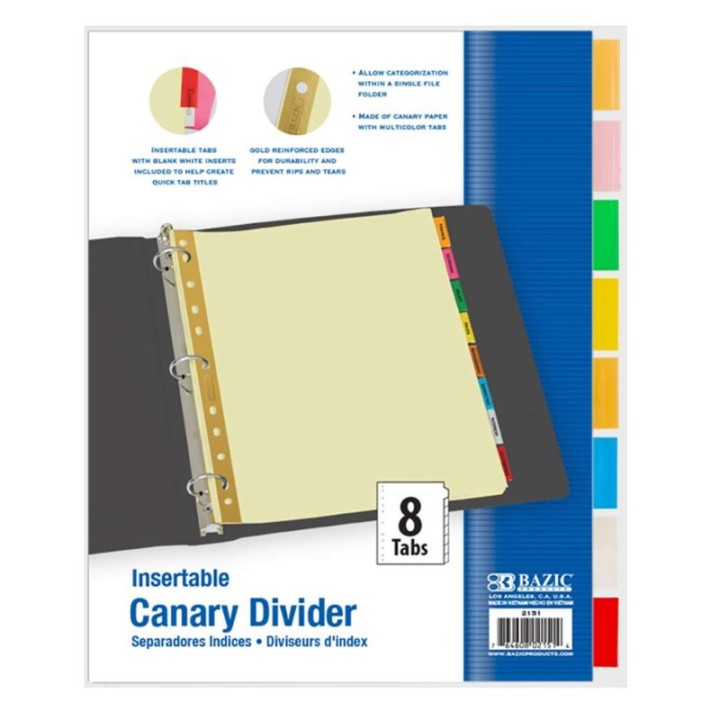 BAZIC Products® Canary Paper Dividers with Insertable Color Tabs, Pack of 8
