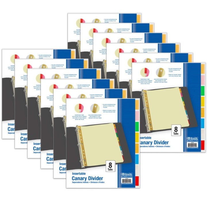 BAZIC Products® Canary Paper Dividers with Insertable Color Tabs, 8 Per Pack, 12 Packs