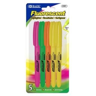 BAZIC Products® Pen Style Fluorescent Highlighters with Pocket Clip, Pack of 5