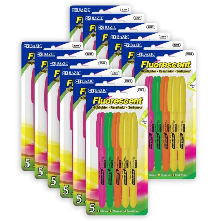 BAZIC Products® Pen Style Fluorescent Highlighters with Pocket Clip, 5 Per Pack, 12 Packs