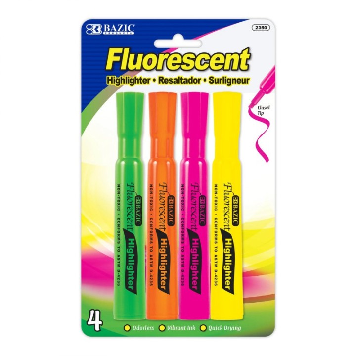 BAZIC Products® Desk Style Fluorescent Highlighters, Pack of 4