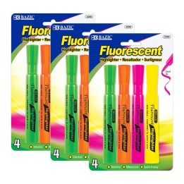 BAZIC Products® Desk Style Fluorescent Highlighters, 4 Per Pack, 3 Packs