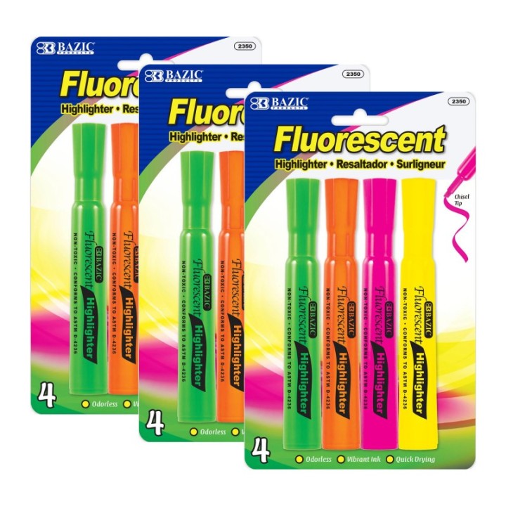 BAZIC Products® Desk Style Fluorescent Highlighters, 4 Per Pack, 3 Packs