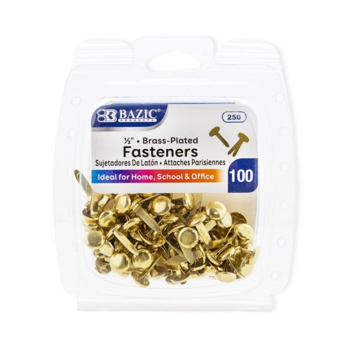 BAZIC Products® Brass-Plated Fasteners, 1/2", Pack of 100