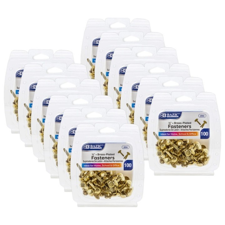 BAZIC Products® Brass-Plated Fasteners, 1/2", 100 Per Pack, 12 Packs