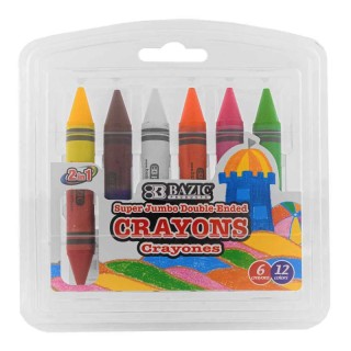 BAZIC Products® Double-Ended Premium Super Jumbo Crayons, 6 Crayons, 12 Colors
