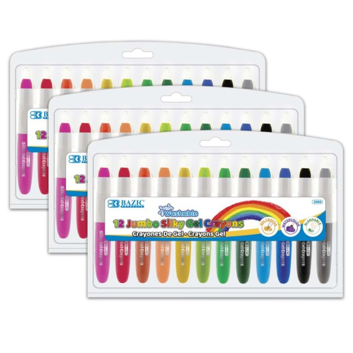 BAZIC Products® Washable Jumbo Silky Gel Crayons, 12 Per Pack, 3 Packs