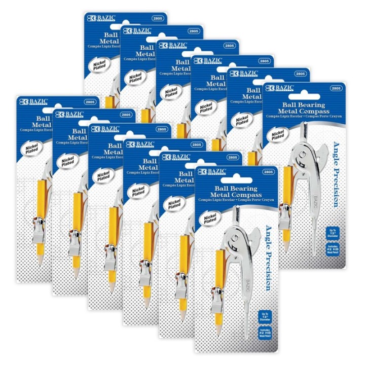 BAZIC Products® Metal Ball Bearing Compass with #2 Wood Pencil, Pack of 12