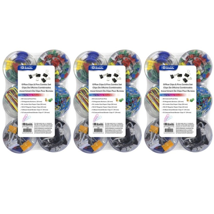 BAZIC Products® Push Pin, Paper Clip, Binder Clip, Magnetic Button Combo Set, 269 Pieces Per Set, 3 Sets
