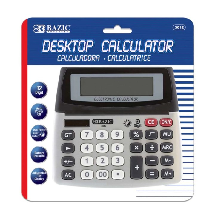 BAZIC Products® 12-Digit Dual Power Desktop Calculator with Adjustable Display