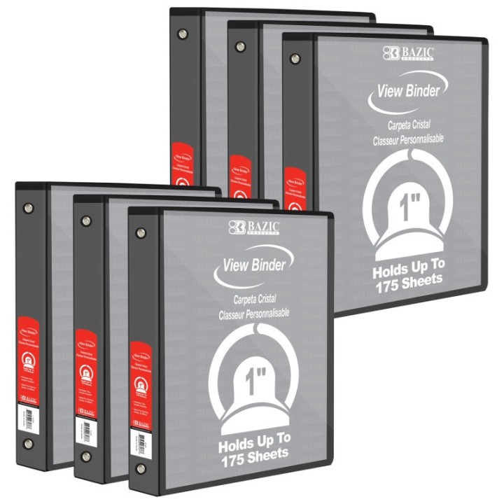 BAZIC Products® View Binder, 3-Ring, 1", 2 Pockets, Black, Pack of 6