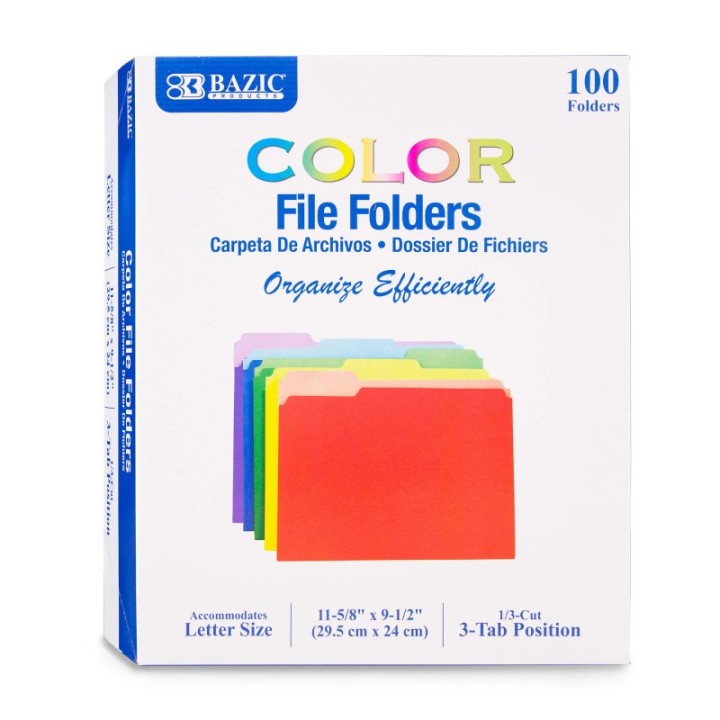 BAZIC Products® 1/3 Cut Letter Size Color File Folder, Box of 100