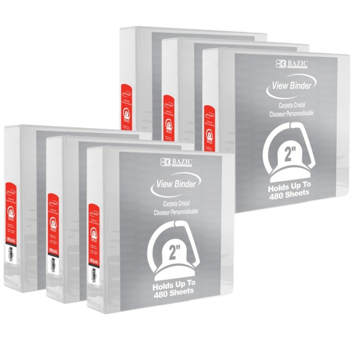 BAZIC Products® Slant D Ring View Binder with 2 Pockets, 2", White, Pack of 6