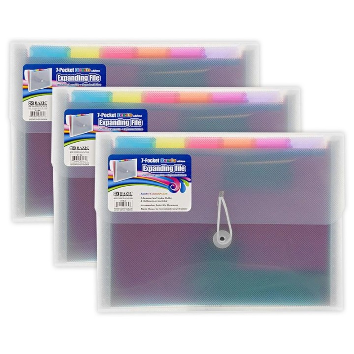 BAZIC Products® Rainbow 7-Pocket Letter Size Poly Expanding File, Pack of 3
