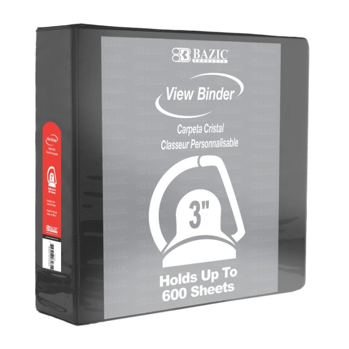 BAZIC Products® Slant D Ring View Binder with 2 Pockets, 3", Black