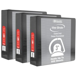 BAZIC Products® Slant D Ring View Binder with 2 Pockets, 3", Black, Pack of 3