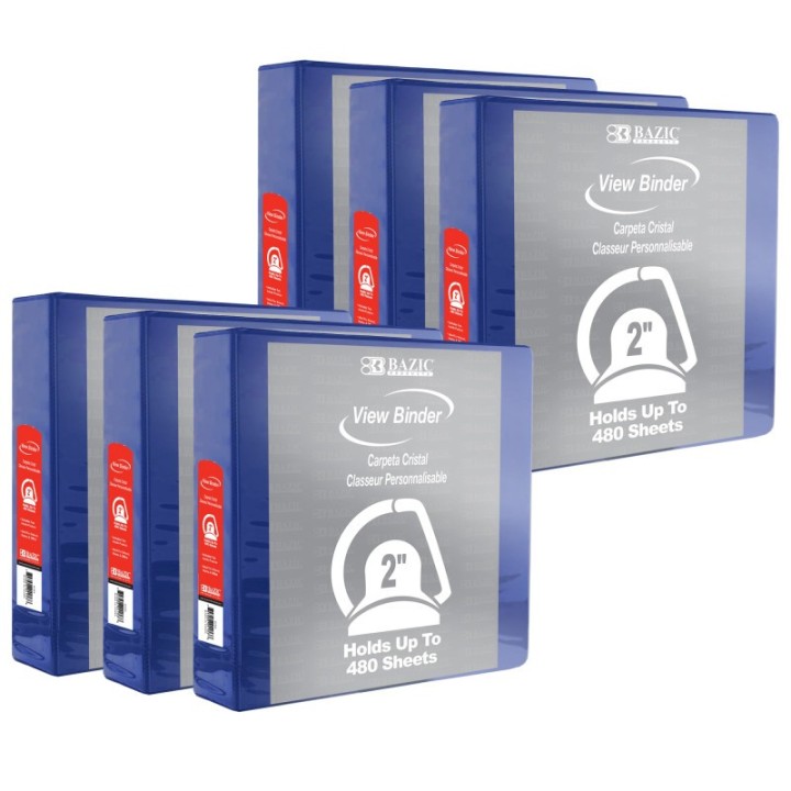 BAZIC Products® Slant D Ring View Binder with 2 Pockets, 2", Blue, Pack of 6