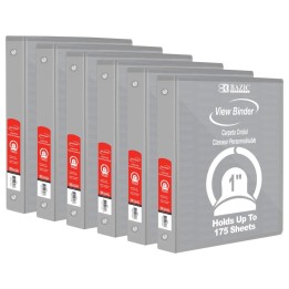 BAZIC Products® 3-Ring View Binder with 2 Pockets, 1", Gray, Pack of 6