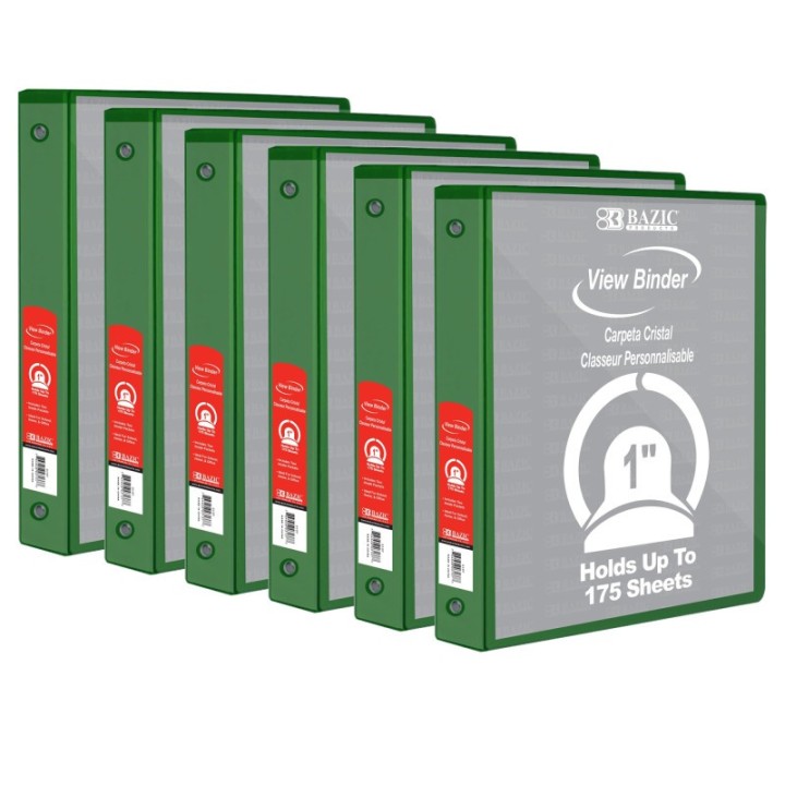 BAZIC Products® 3-Ring View Binder with 2 Pockets, 1", Green, Pack of 6