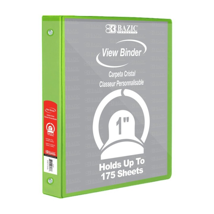 BAZIC Products® 3-Ring View Binder with 2 Pockets, 1", Lime Green