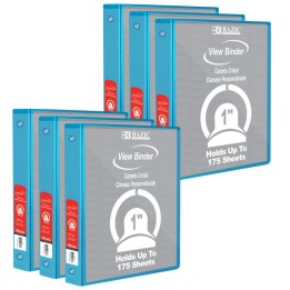 BAZIC Products® 3-Ring View Binder with 2 Pockets, 1", Cyan, Pack of 6