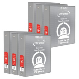 BAZIC Products® 3-Ring View Binder with 2 Pockets, 1.5", Gray, Pack of 6