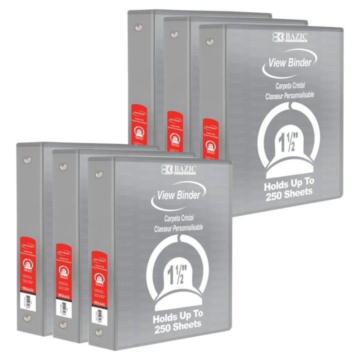 BAZIC Products® 3-Ring View Binder with 2 Pockets, 1.5", Gray, Pack of 6