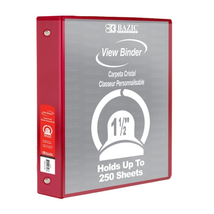BAZIC Products® 3-Ring View Binder with 2 Pockets, 1.5", Red