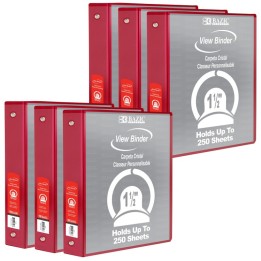 BAZIC Products® 3-Ring View Binder with 2 Pockets, 1.5", Red, Pack of 6